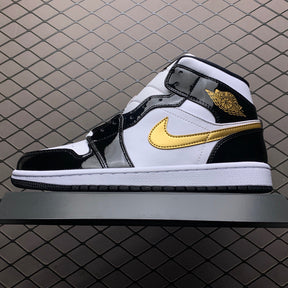 Nike Air Jordan 1 Mid Patent Black White Gold 